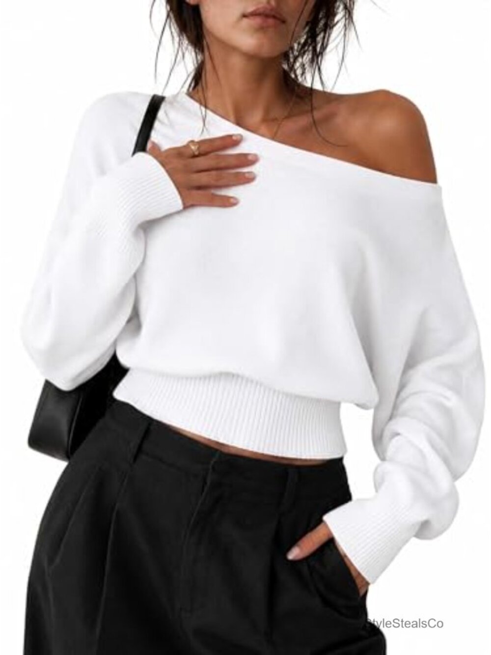 Remidoo Off Shoulder Sweater Knit Long Sleeve Crop Top